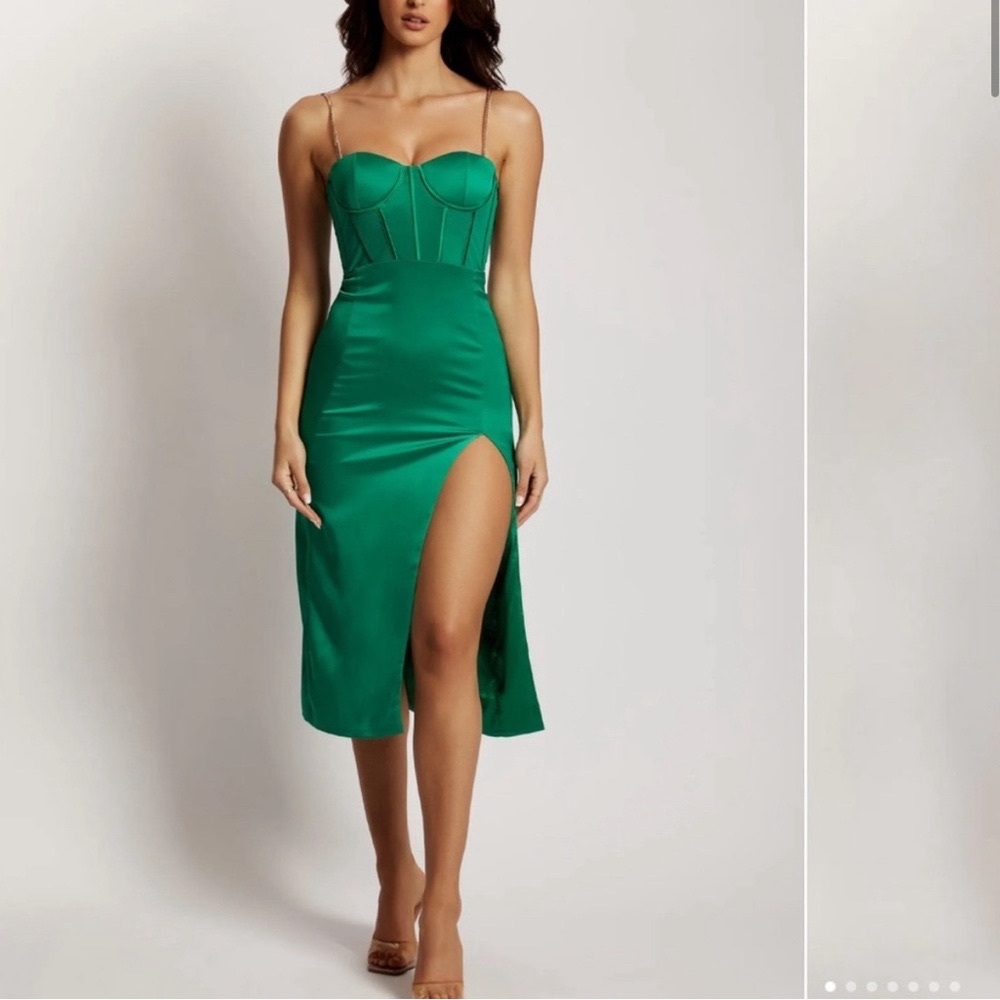 Meshki green corset dress with gold straps